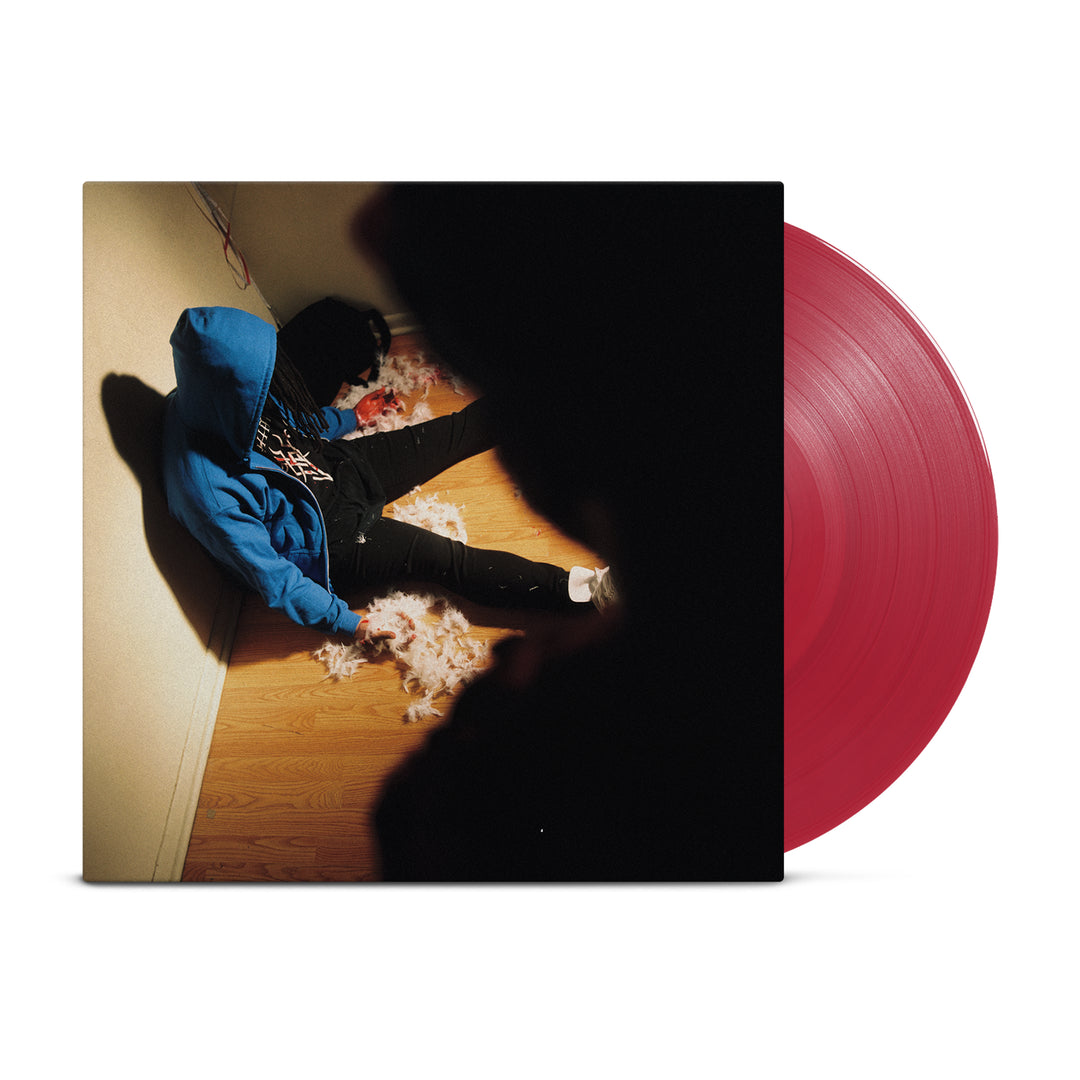 A translucent red Vinyl LP by Kaonashi is shown. The album cover depicts a person in a blue hoodie on a wooden floor amid scattered feathers, with a shadowy figure upfront. Includes full album digital download.