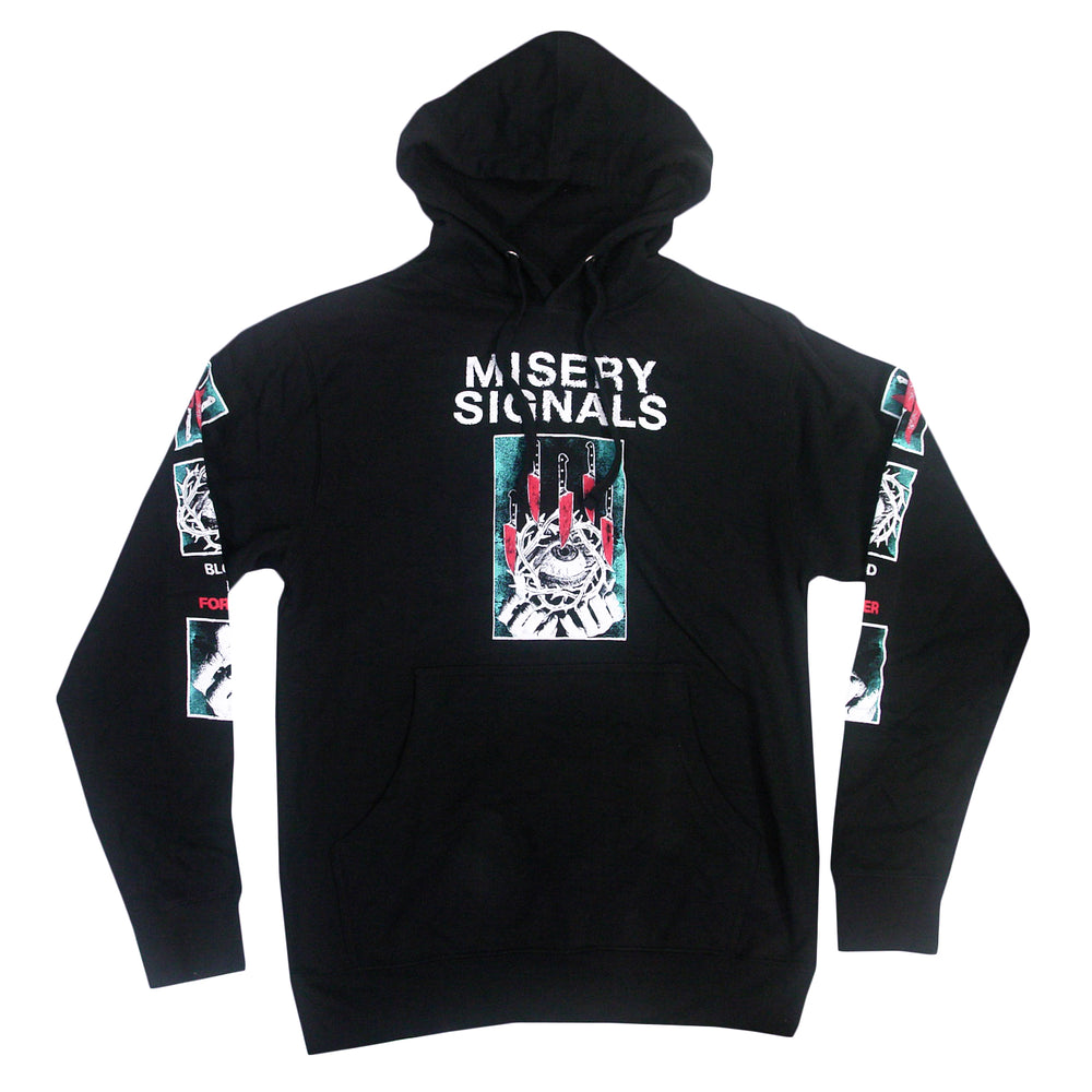 Misery Signals black pullover hoodie features the band’s name on the chest, abstract front and sleeve graphics in red, white, and teal, plus hand and guitar imagery. Classic fit in a soft cotton/poly blend.