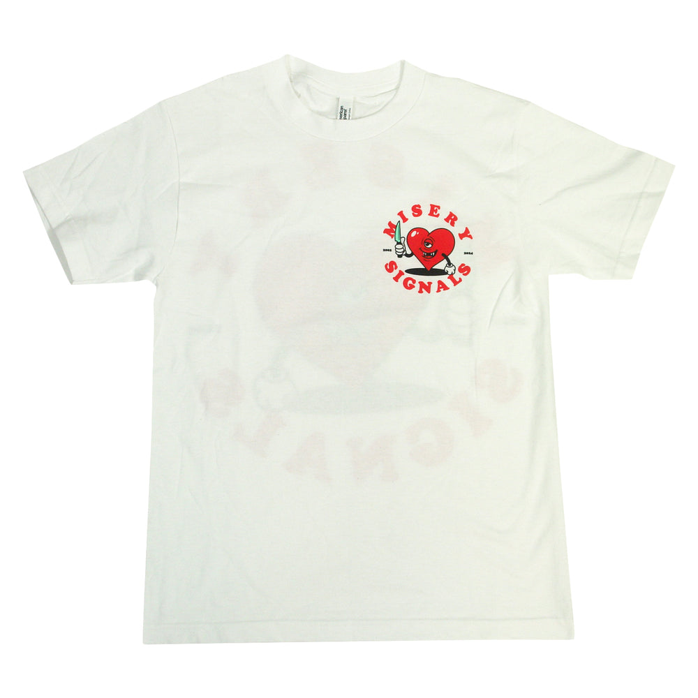 Misery Signals white cotton T-shirt in a relaxed fit with a small red angry heart and raised hand on the left chest, next to “MISERY SIGNALS” in red, arranged in a circular design.