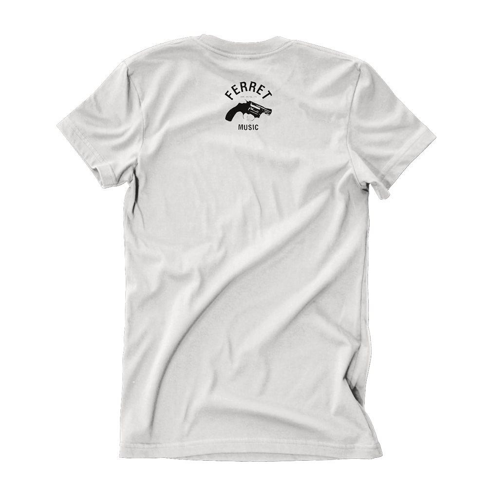 A light gray Misery Signals T-shirt shown from the back with a small black graphic near the neck: a hand holding a ferret, with FERRET MUSIC above and below the image.