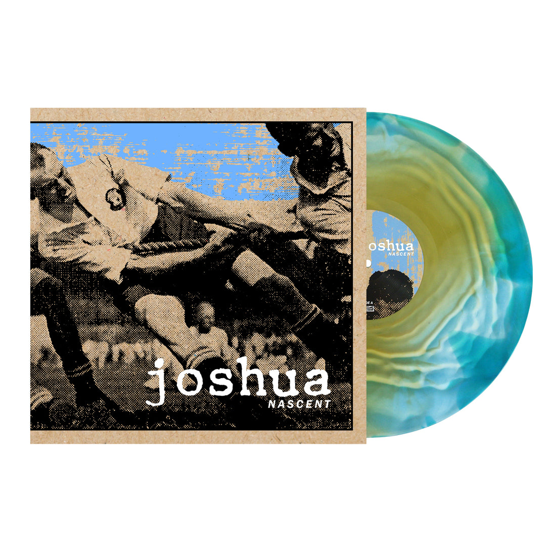 Joshua vinyl record with a blue and yellow marbled design, next to its vintage black-and-white soccer-themed cover. Joshua and NASCENT appear at the bottom. Includes a 16-page booklet for your collection.