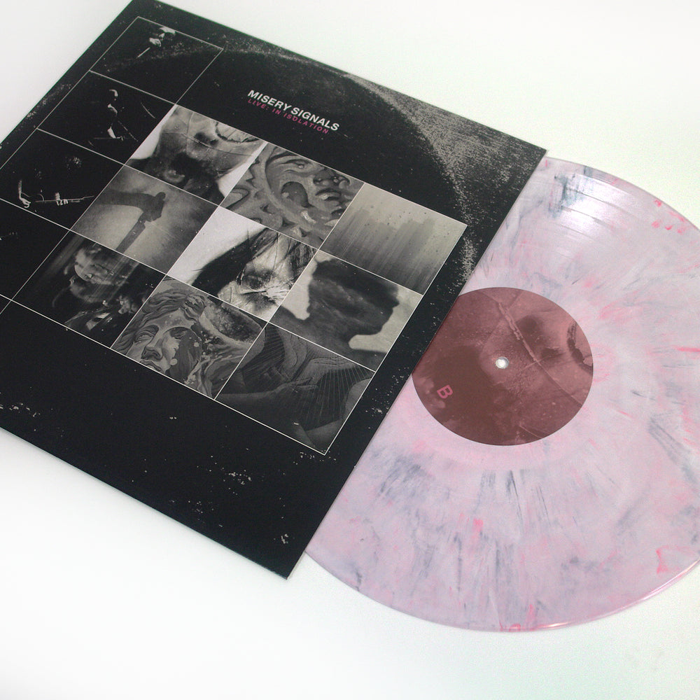 A Limited Edition pink and grey Marble Statue Swirl vinyl by Misery Signals partly slides out of a black cover featuring a grid of abstract grayscale images and the text “MISERY SIGNALS” and “ULTRAVIOLET.”.